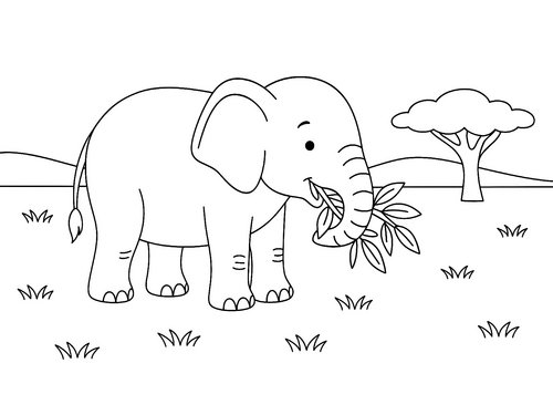 Thumbnail Ausmalbild Elefant frisst Blätter