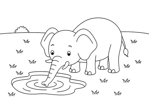 Thumbnail Ausmalbild Elefant am Trinkloch