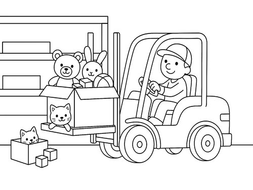 Thumbnail Ausmalbild Gabelstapler transportiert Spielzeug