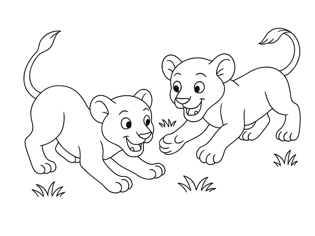 Ausmalbild kleine Löwen am Spielen