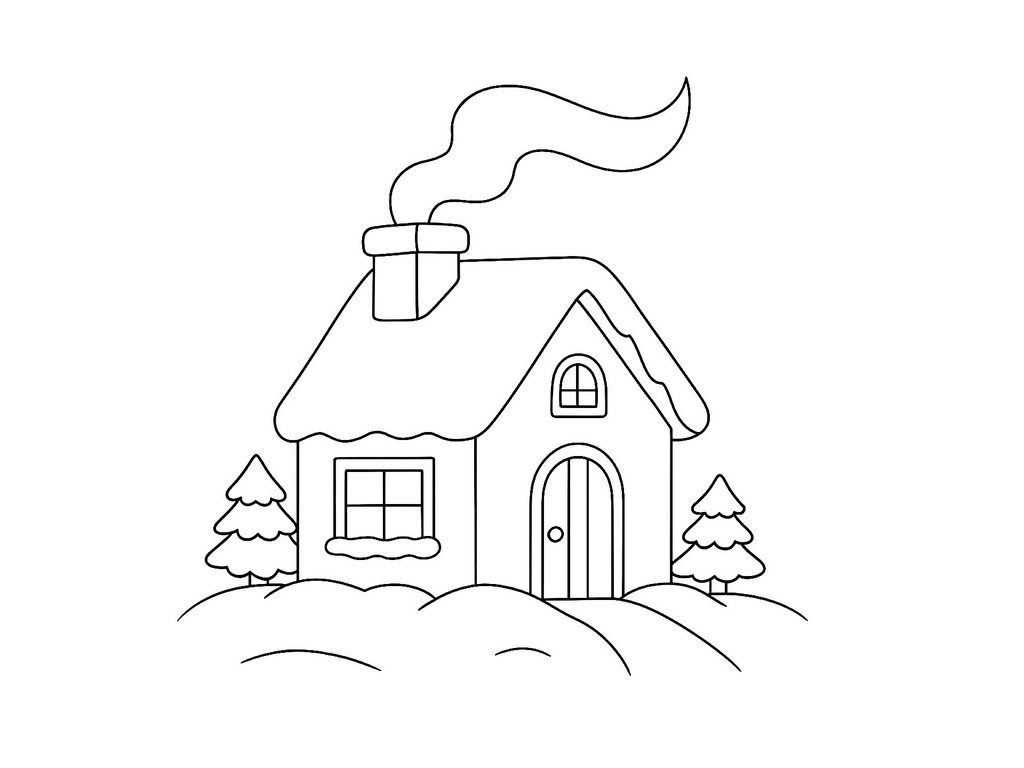Ausmalbild Weihnachten Haus im Schnee