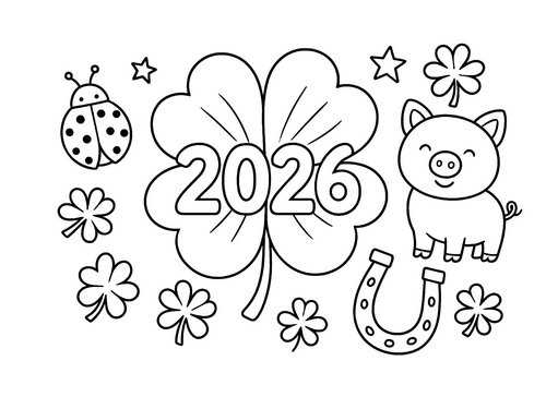 Thumbnail Ausmalbild 2026 mit_Glückssysmbolen