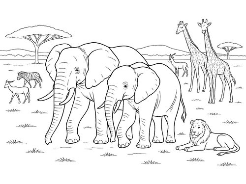Thumbnail Ausmalbild Elefanten mit Giraffen, Löwen und anderen Tieren