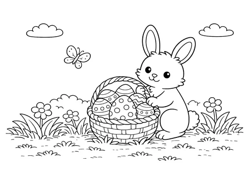 Thumbnail Ausmalbild Ostern Osterhase mit Korb mit Ostereiern