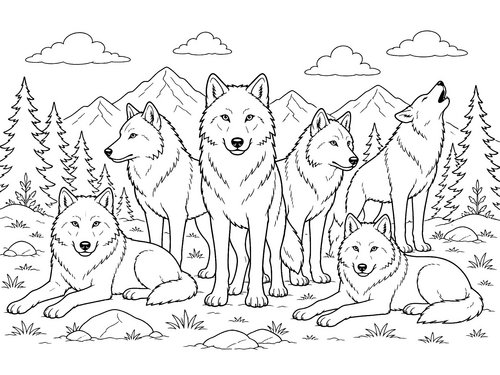 Thumbnail Ausmalbild Wolf Wolfsrudel