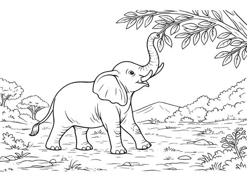 Thumbnail Ausmalbild Elefant holt sich Blätter