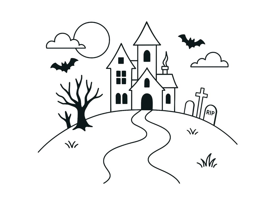 Ausmalbild Halloween Spukschloss mit Weg