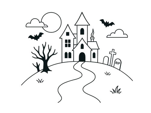 Thumbnail Ausmalbild Halloween Spukschloss mit Weg