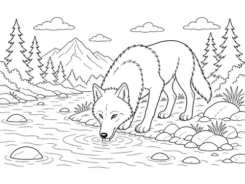Thumbnail Ausmalbild Wolf trinkender Wolf