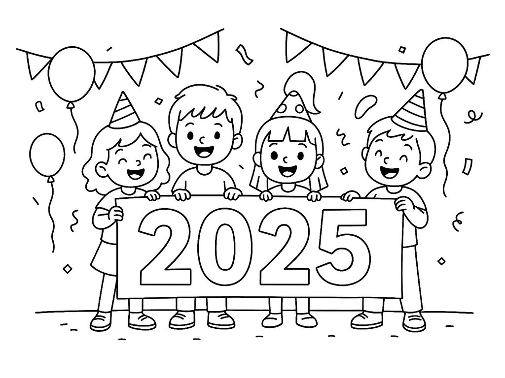 Ausmalbild 2025 Kinder feiern den Jahreswechsel