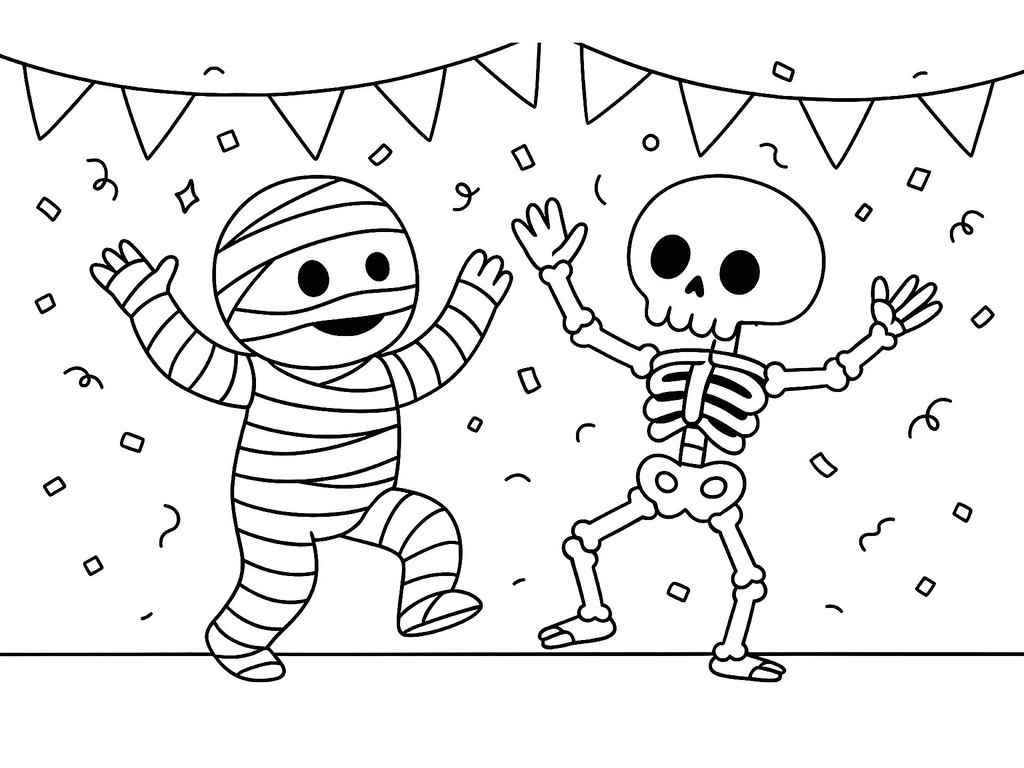 Ausmalbild Halloween: Skelett und Mumie tanzen
