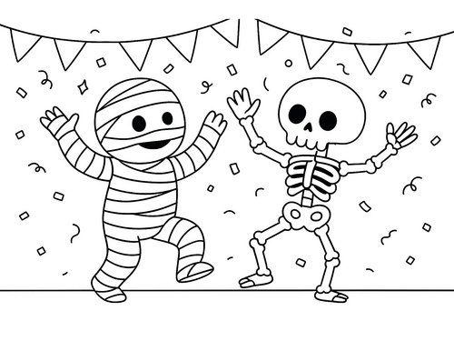 Thumbnail Ausmalbild Halloween: Skelett und Mumie tanzen