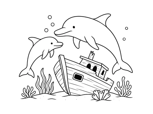 Thumbnail Ausmalbild Delfin Schiffswrack