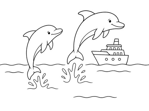 Thumbnail Ausmalbild Delfine und Schiff