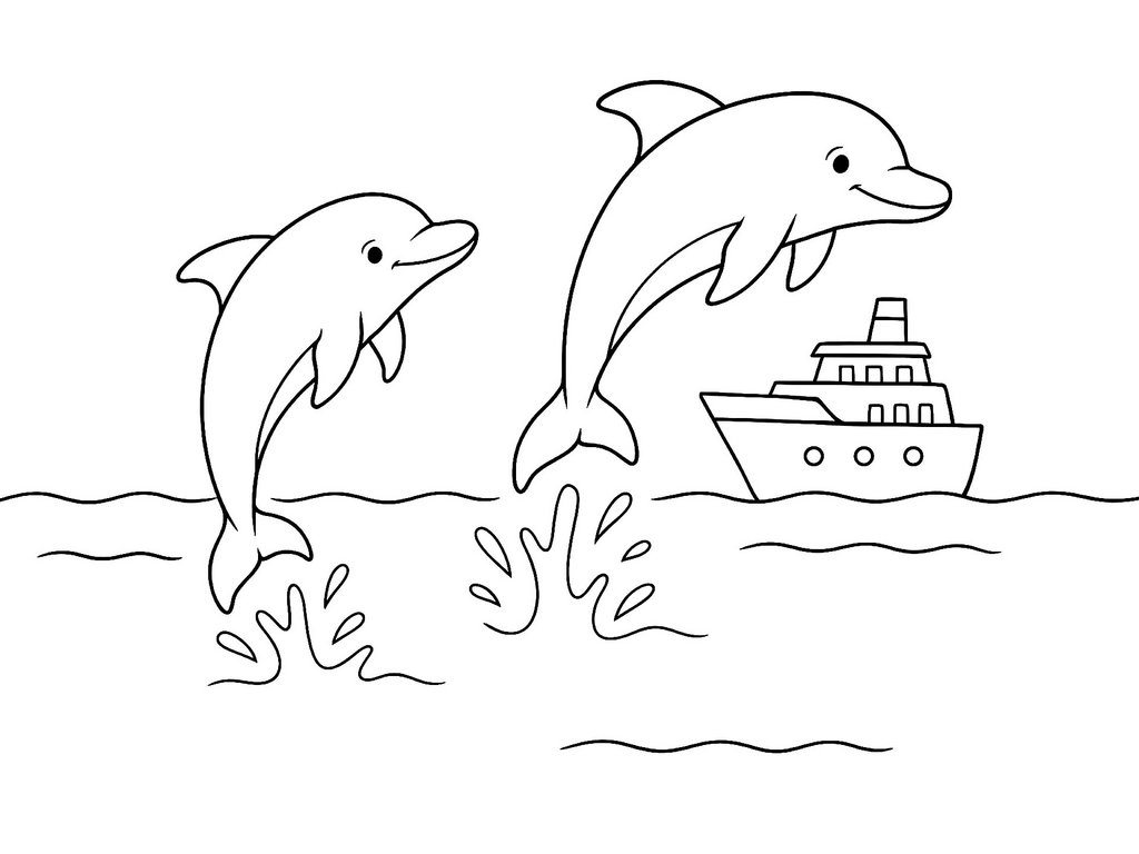 Ausmalbild Delfine und Schiff