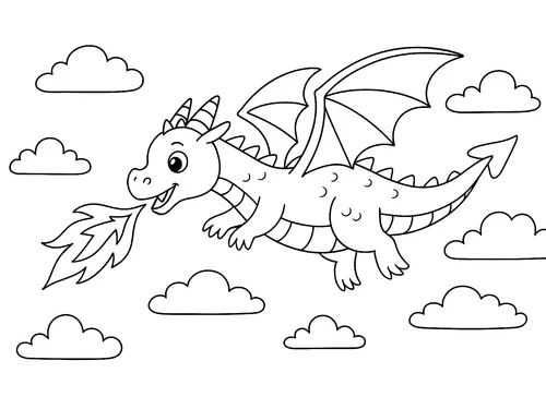 Thumbnail Ausmalbild Drache fliegt und spuckt Feuer