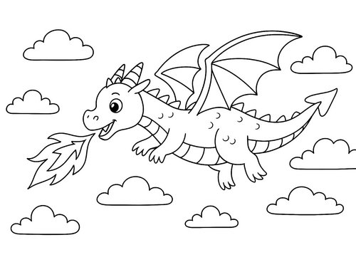 Thumbnail Ausmalbild Drache fliegt und spuckt Feuer