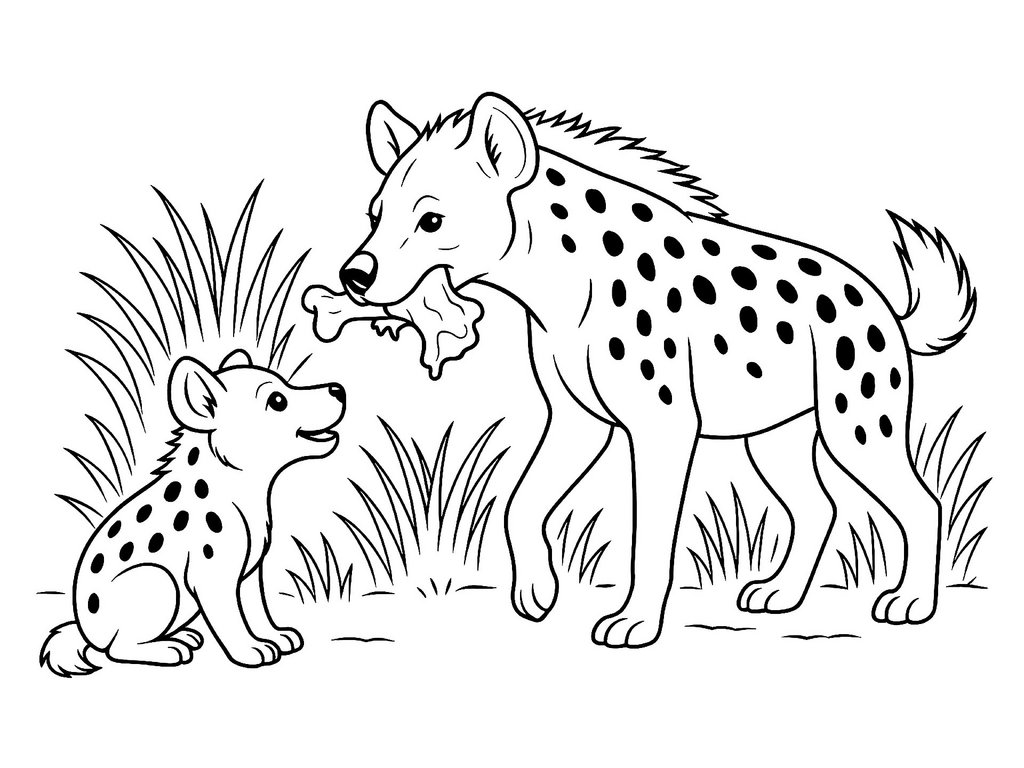Ausmalbild Hyäne bringt Jungem Futter
