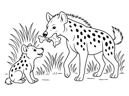 Thumbnail Ausmalbild Hyäne bringt Jungem Futter