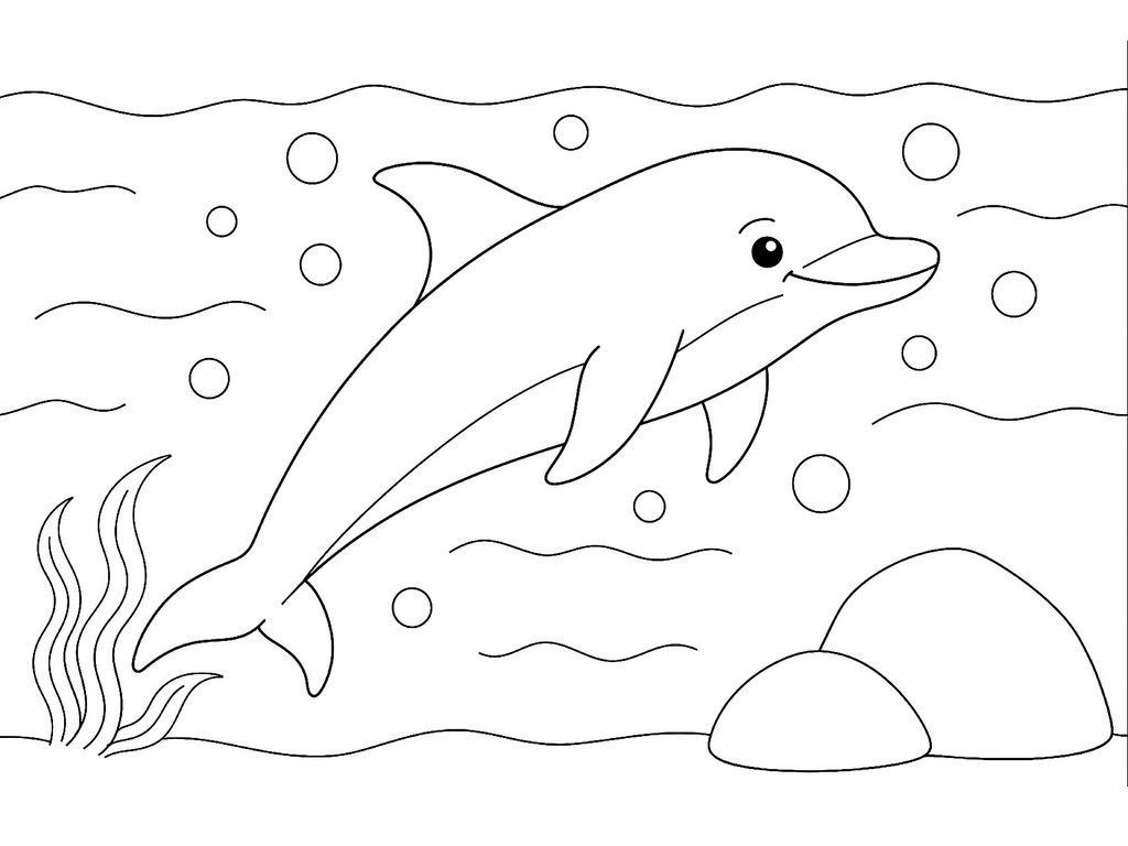 Ausmalbild Delfin unter Wasser