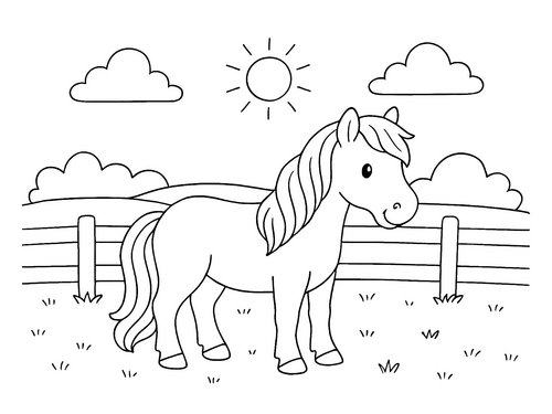 Thumbnail Ausmalbild Pony auf der Koppel