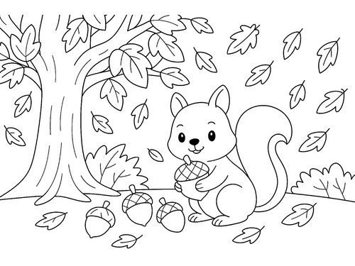 Thumbnail Ausmalbild Herbst Eichhörnchen Nüsse