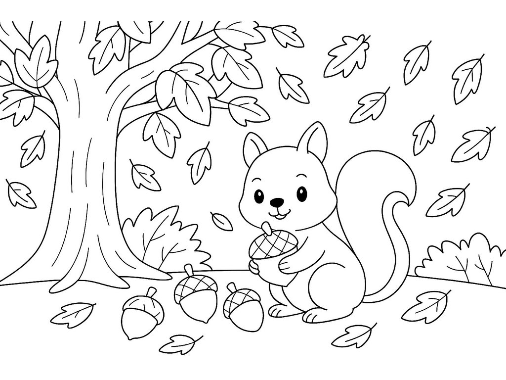 Ausmalbild Herbst Eichhörnchen Nüsse