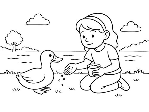 Thumbnail Ausmalbild Ente wird von Mädchen gefüttert