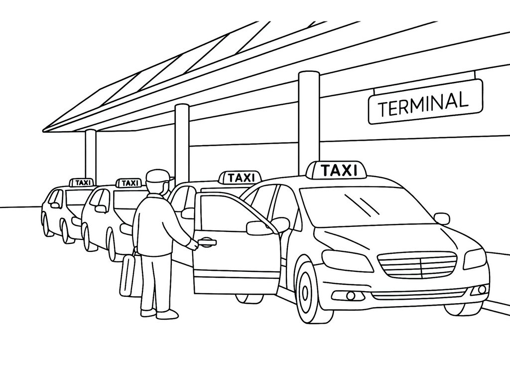 Ausmalbild Taxistand am Flughafen