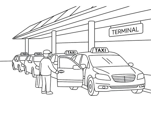 Thumbnail Ausmalbild Taxistand am Flughafen