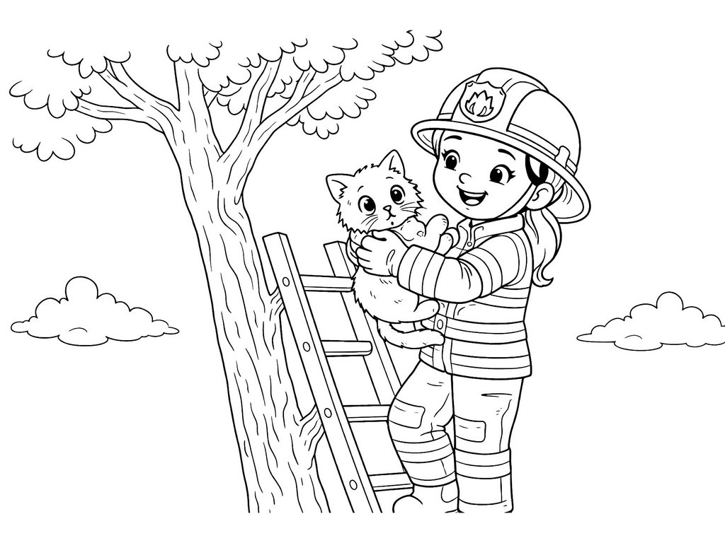 Ausmalbild Feuerwehr Feuerwehrfrau holt Katze vom Baum