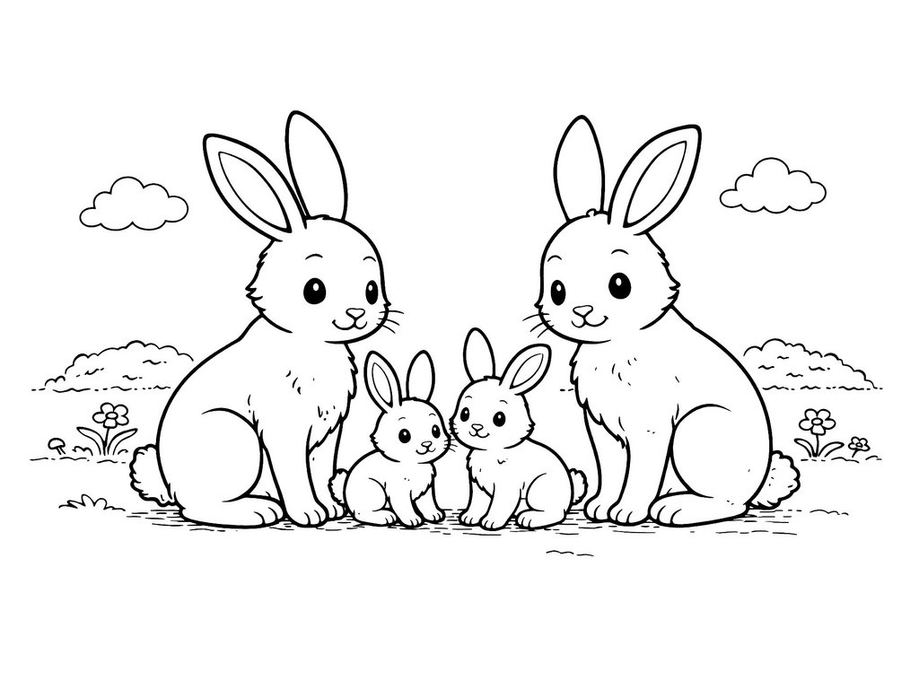 Ausmalbild Hase Hasenfamlie sitzend