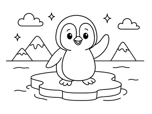Thumbnail Ausmalbild Pinguin winkt auf Eisscholle