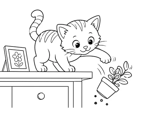Thumbnail Ausmalbild Katze wirft Blumentopf runter