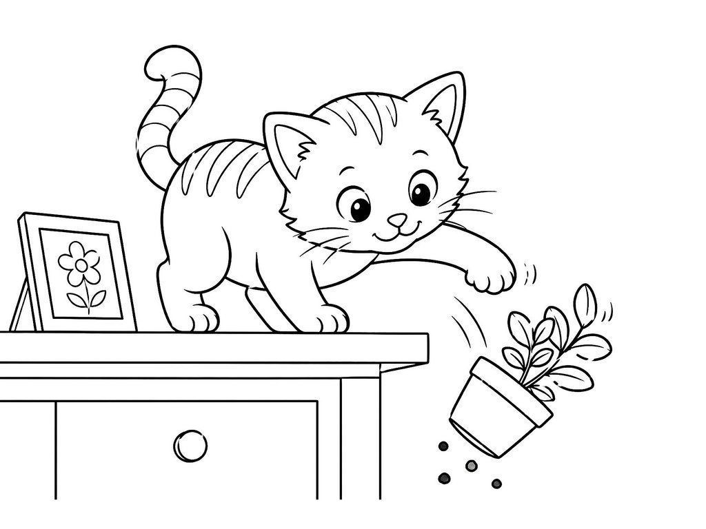 Ausmalbild Katze wirft Blumentopf runter
