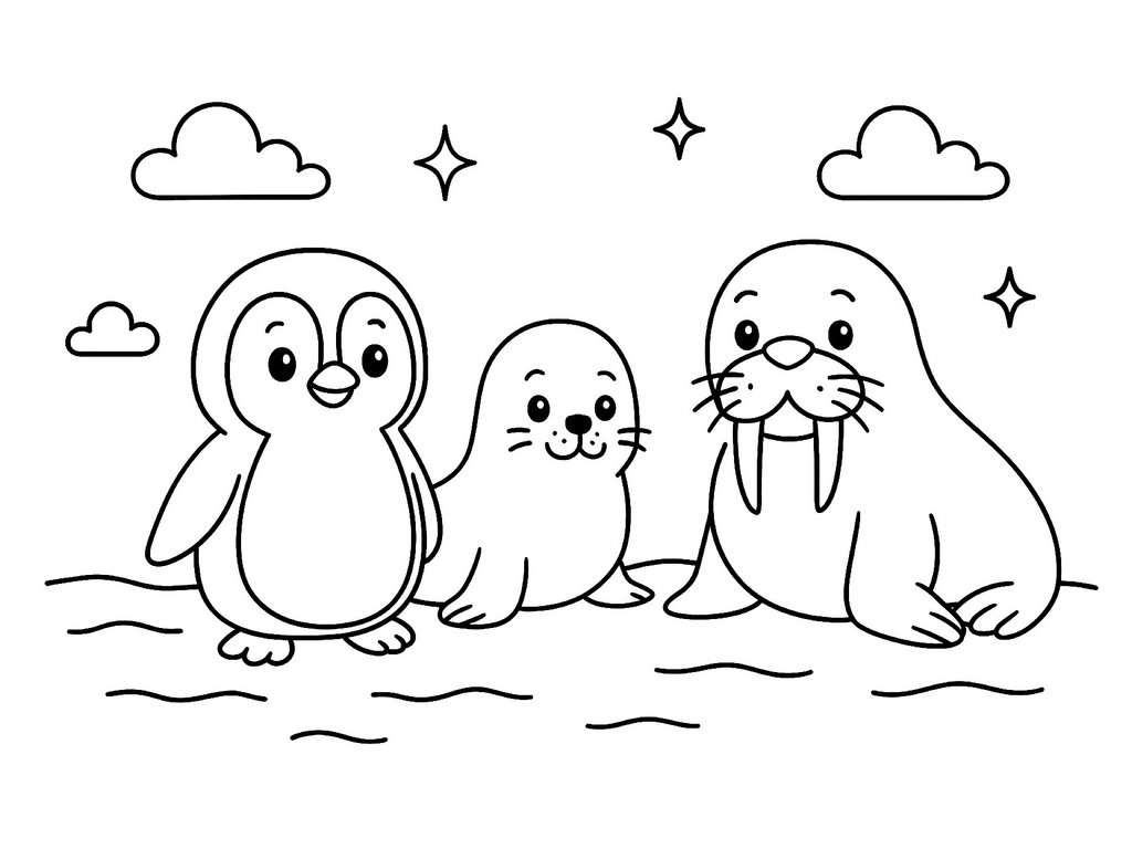Ausmalbild Pinguin mit Robbe und Walross