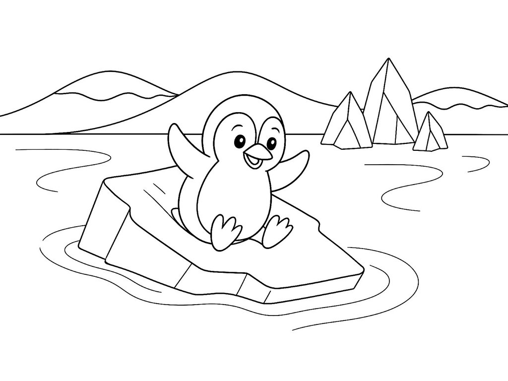 Ausmalbild Pinguin rutscht von Eisscholle