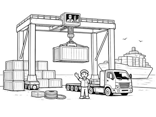 Thumbnail Ausmalbild Kran Portalkran am Hafen lädt Containerschiff