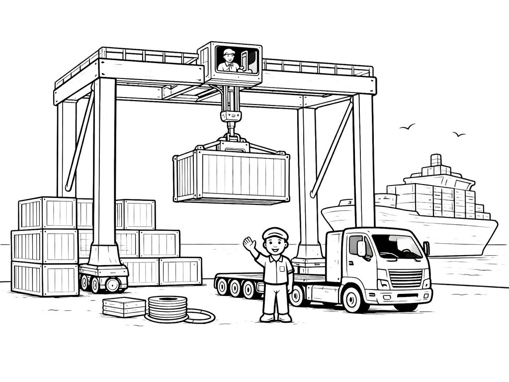 Ausmalbild Kran Portalkran am Hafen lädt Containerschiff