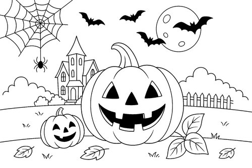 Thumbnail Ausmalbild Halloween Spukhaus mit Kürbis