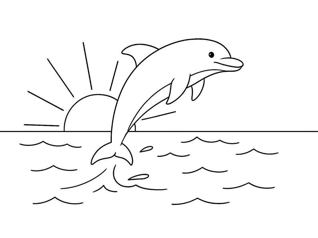 Ausmalbild Delfin und Sonnenuntergang