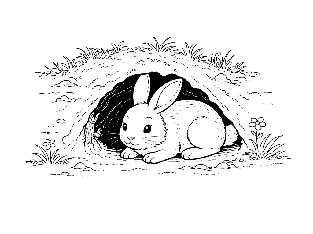 Ausmalbild Hase in Hoehle