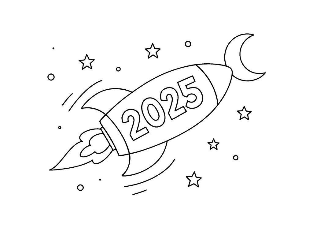 Ausmalbild 2025 mit Rakete