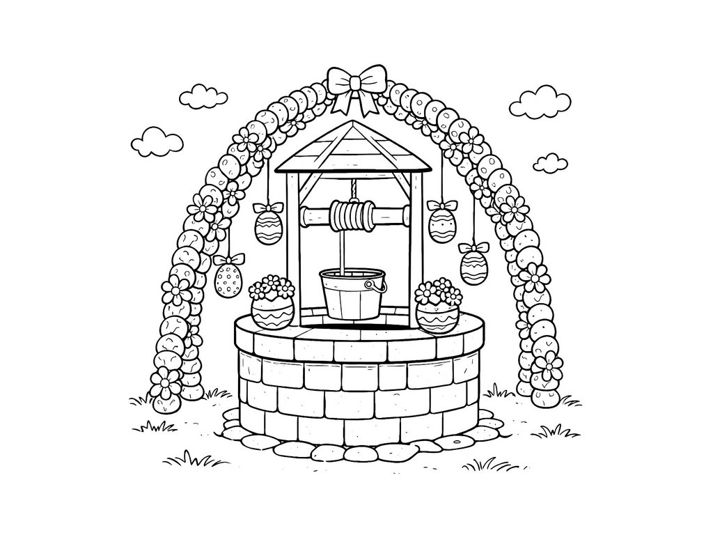 Ausmalbild Ostern Osterbrunnen