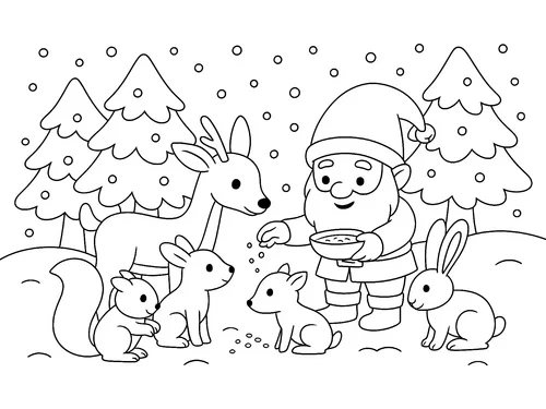 Thumbnail Ausmalbild Weihnachten Wichtel füttert Tiere