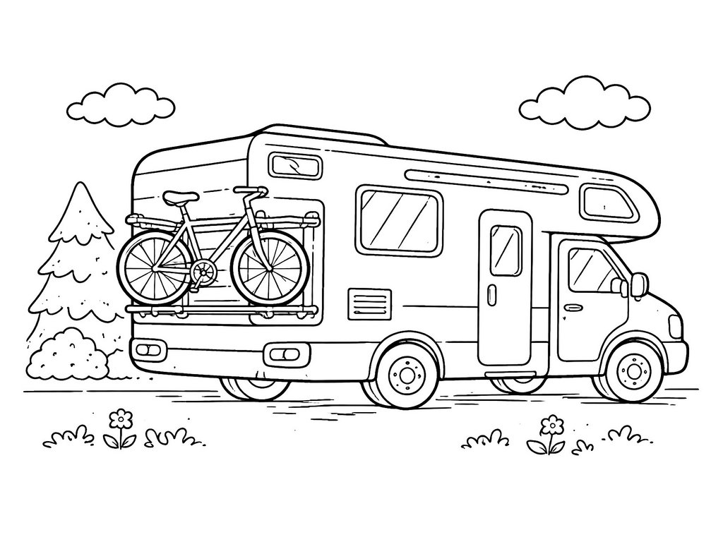 Ausmalbild Fahrrad an Wohnmobil