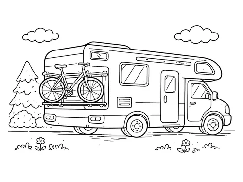 Thumbnail Ausmalbild Fahrrad an Wohnmobil