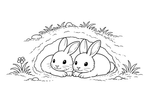 Thumbnail Ausmalbild Hase zwei Hasen in Hoehle