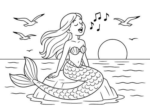 Thumbnail Ausmalbild Meerjungfrau singt im Sonnenuntergang