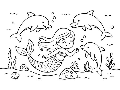 Thumbnail Ausmalbild Meerjungfrau und Delfine